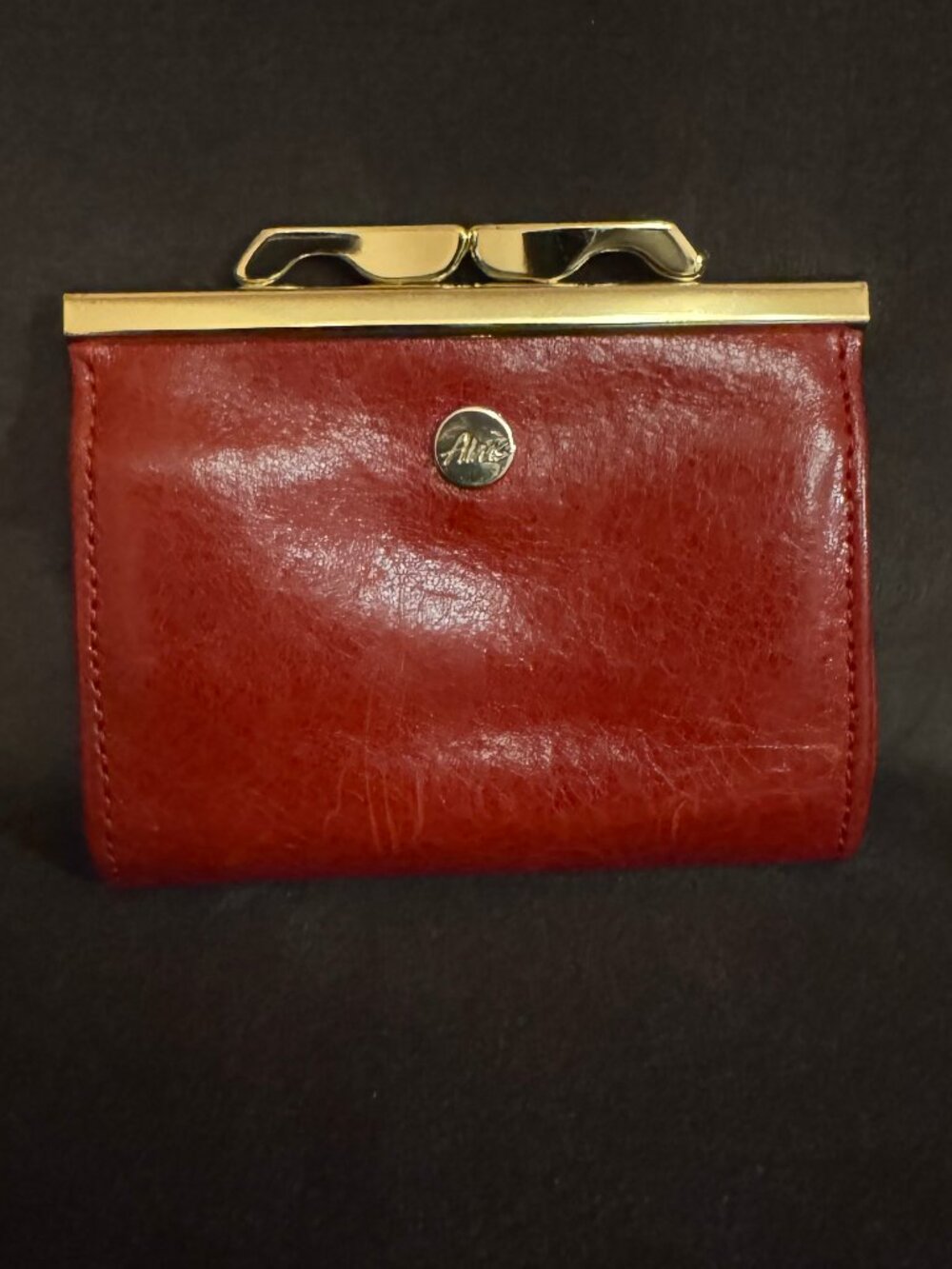 Vintage ABAS Red Glazed Leather Kiss-Lock Card Case/ Compact Wallet